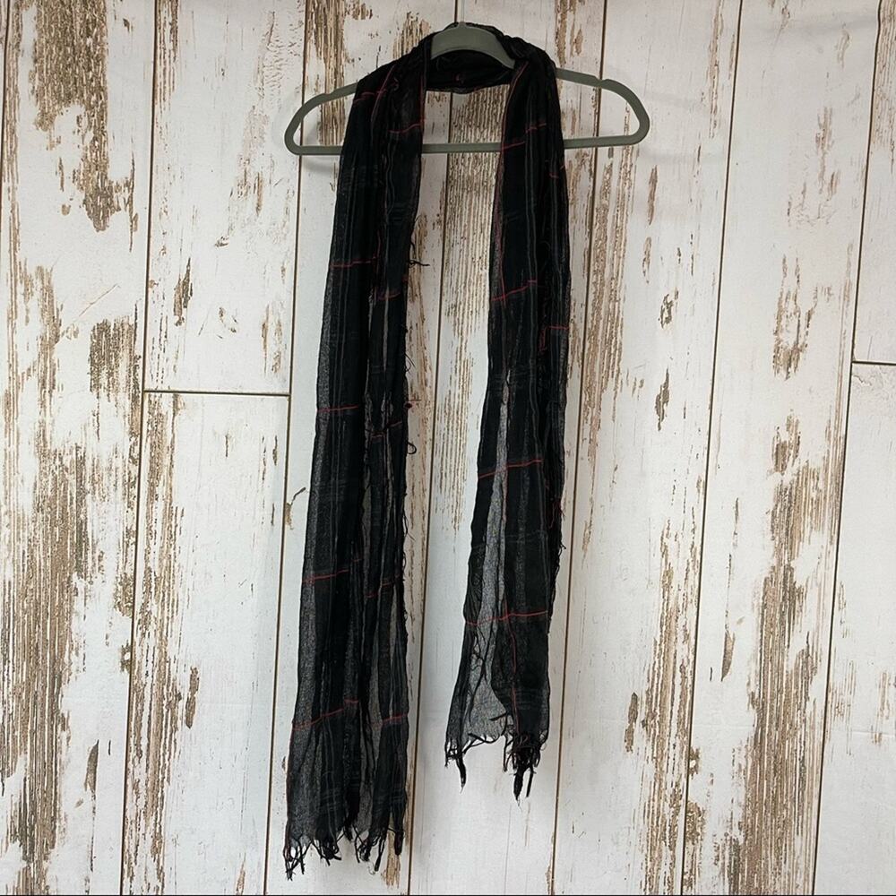Sheer Plaid Scarf. 29” x 80”. Fringe. In good used condition